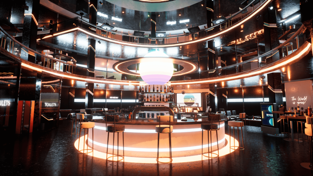 An image showing the Space Night Club asset pack, created with Unreal Engine